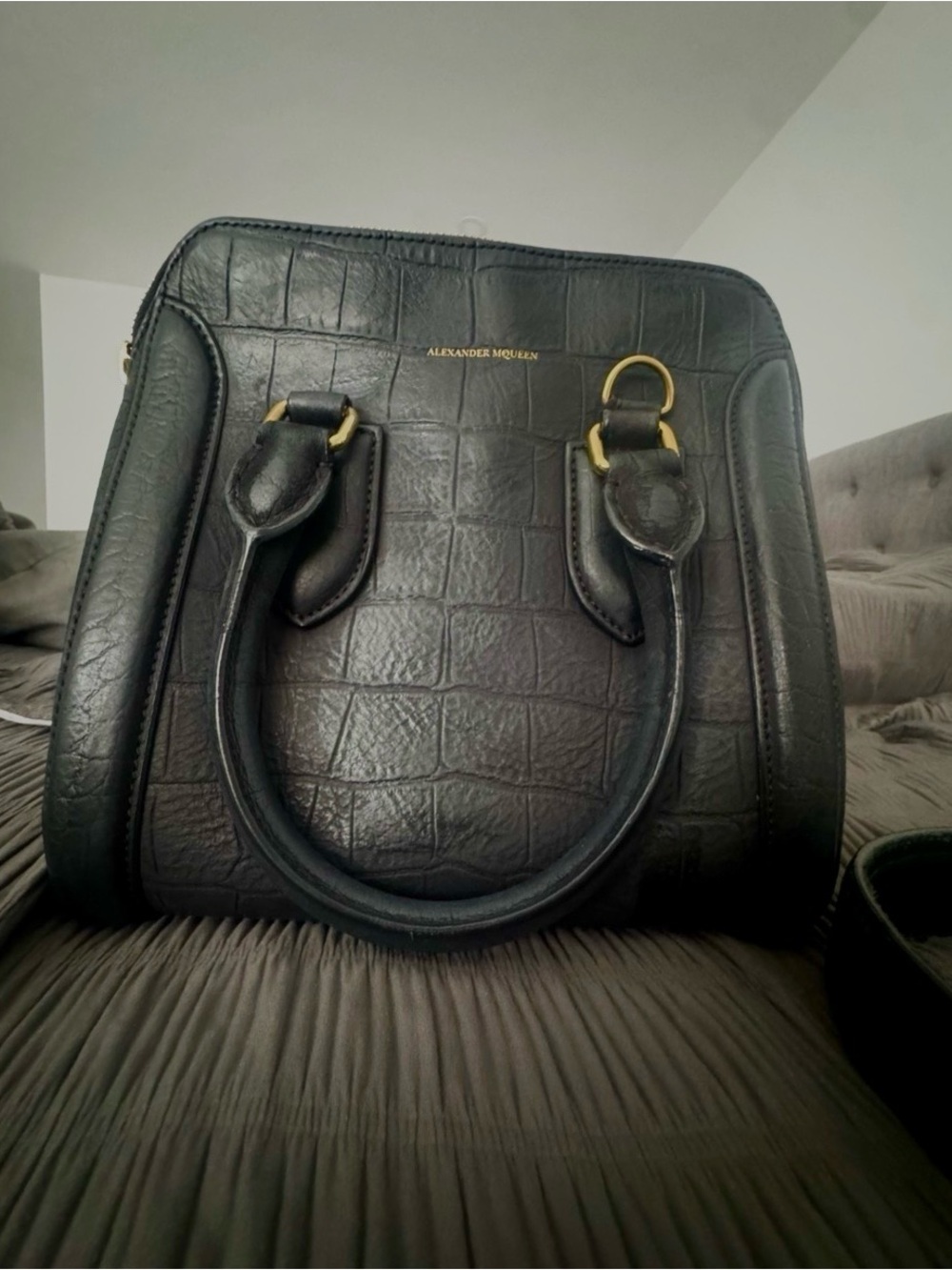 Alexander McQueen black croc patterned heroine tote